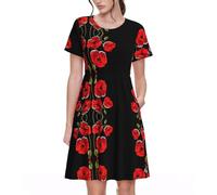 Poppy Flowers Vivid Petals Print Women's Short Sleeve Pleated Loose Swing Casual Dress Black