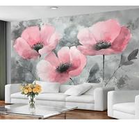 Poppy Flowers Wallpaper for Living Room - Peel and Stick Wallpaper, Nordic Pink Florals Bedroom Wall Paper, Large Wall Mural & Gray Grunge Home Decor, Self Adhesive