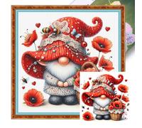 Poppy Gnome Stamped Cross Stitch Kits for Adults Beginners, 11CT Pre-Printed Embroidery Kit 40x40cm Full Coverage Red Poppy Flower Gnome Needlepoint Counted Cross Stitch Kit Home Wall Art Decor