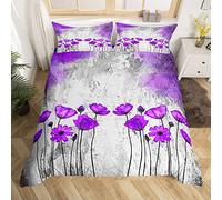 Poppy Kids Duvet Cover Set Double Size,Purple Flowers Rustic Farmhouse Bedding Set,Teens Adults Room Decor,Grey White Graffiti Retro Comforter Cover,Bohemia Romantic Quilt Cover,2 Pillowcases