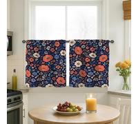 Poppy Kitchen Curtains, Botanical Modern Floral Leaf Spring Navy Blue Curtains for Small Window for Laundry Room Sink Area Hallway Apartment Window Decor 26x30 Inch
