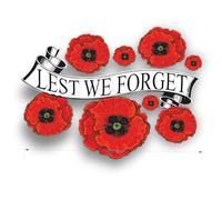 Poppy Montage with "Lest we forget" banner through the center Flower Decals Car Stickers Graphics Wall Window Decorations Art (200 x 145mm)