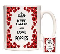 POPPY MUG. Keep Calm and Love Poppies. Poppy Design Ceramic Gift Mug. Colourful Poppy Images on a Coffee Tea Mug. Poppy Cup.