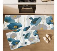 Poppy Pattern Kitchen Rug Set 2 Piece Non Slip and Blue Vintage Watercolor Kitchen Mat, Washable Mats and Rugs for kitchen,Hallway Runner Set, Dining Room, Entryway and Home Decoration Office