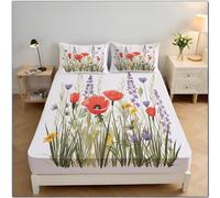 Poppy Single Fitted Sheets, Watercolor Floral Comfort Bedding Fitted Sheet Soft Microfibre 30cm Deep Pocket Bed Sheet (90x190x30 cm, White)