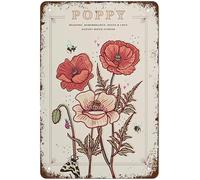 Poppy Wall Art Print, August Birth Flower Illustration Print Funny Vintage Metal Tin Sign for Bedroom, Living Room, Kitchen, Yard Garden Wall Decor Gift Outdoor and Indoor 8x12 inch