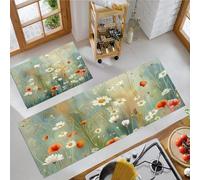 Poppy Wildflowers Kitchen Mats Sets, 2 Piece Grassland Watercolor Painting Kitchen Rugs, Waterproof Non-slip Anti-Fatigue Home Runner Washable Standing Floor Mats 40x60cm+40x120cm Blue-Green