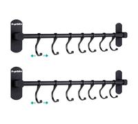Poprkdre Kitchen Hook Rail, No Drilling, Self-Adhesive Kitchen Rail with 7 Hooks, Coat Hooks No Drilling, 20 kg Load Capacity, Aluminium, Matte Finish, Black (Pack of 2)