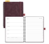 POPRUN 2026 Diary A5 Week to View Spiral Bound PU Leather Soft Cover 22 x 16.5 cm Appointment Work Book - 26 Weekly Planner & Notebook in One, Monthly Tab (Claret)
