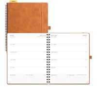 POPRUN 2026 Diary Week to View Large Spiral Bound PU Leather Soft Cover 26.5 x 21.5 cm Appointment Desk Book - 26 Weekly Planner & Notebook in One, Monthly Tab (Brown)