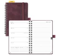 POPRUN 2026 Pocket Diary A6 Week to View Spiral Bound PU Leather Soft Cover 16 x 10.5 cm Appointment Work Book - 26 Small Weekly Planner & Notebook in One (Claret)