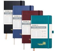 POPRUN 4 Pack A5 (Approx.) Lined Notebook Hardback, Thick 120 GSM Paper,128 Numbered Pages Classic Ruled Notepad with Sticky Index Tab, 8 Perforated Sheets, Black,Burgundy,Pacific Green,Navy blue