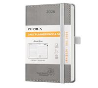 POPRUN A6 Day to Page Diary 2026 Soft Cover Pocket Daily 26 Planner A Day per Page, 1 Hour Interval Appointment Diary, Inner Pocket (Grey)