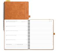 POPRUN Academic 2025-2026 Diary Week to View Large Spiral Bound PU Leather Soft Cover 26.5 x 21.5 cm - 25/26 Mid Year Weekly Planner & Notebook in One, Monthly Tab (Brown)