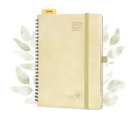 POPRUN Academic 2026-2027 Diary A5 Week to View Spiral Bound Soft Cover 22 x 16.5 cm - 26/27 Mid Year Weekly Planner & Notebook in One, Monthly Tab(Beige)