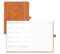 POPRUN Academic Diary A5 Week to View 2025-2026 PU Leather Soft Cover 22 x 16.5 cm - 25/26 Weekly Planner & Notebook in One, Inner Pocket, Monthly Tab (Brown)