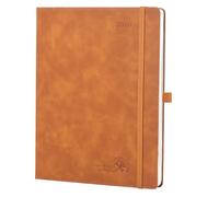 POPRUN Diary Week to View 2026 Large PU Leather Soft Cover Appointment Desk Book 26.5 x 21.5 cm - 26 Weekly Planner & Notebook in One, Inner Pocket, Monthly Tab (Brown)