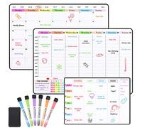 POPRUN Magnetic Whiteboard for Fridge 3 Pack, A3 Weekly & Monthly Planner, Meal Planner Board, White Board Calendar for Home Kitchen Office
