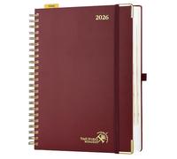 POPRUN Page A Day Diary 2026 A4 Day to Page Even Weekend 26 Spiral Hardcover Daily Planner, Appointment Desk Diary with 30 Minutes Interval, Monthly Tabs (Burgundy）