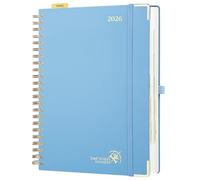 POPRUN Page A Day Diary 2026 A4 Day to Page Even Weekend 26 Spiral Hardcover Daily Planner, Appointment Desk Diary with 30 Minutes Interval, Monthly Tabs (Haze Blue）