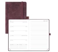 POPRUN Pocket Diary A6 Week to View 2025 PU Leather Soft Cover Appointment Book 16 x 10.5 cm - 25 Small Weekly Planner & Notebook in One, Inner Pocket (Claret)