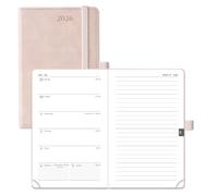 POPRUN Pocket Diary A6 Week to View 2026 PU Leather Soft Cover Appointment Book 16 x 10.5 cm - 26 Small Weekly Planner & Notebook in One, Inner Pocket (Soft Pink)