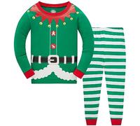 Popshion Boys Christmas Elf Pyjamas Long Sleeve Cotton Pj Sleepwear Toddler Christmas Jammies Kids Girls Green Xmas Pjs Set 3-4 Years