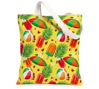Popsicle Canvas Tote Bag for Women, Summer Tropical Beach Ball Umbrella Summer Yellow Washable Reusable Grocery Bags for Shopping Brunch Park Library Day Trips 13x15 Inch