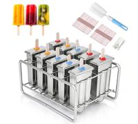 Popsicle Mold, 10 Mould Stainless Steel Ice Cream Pop Mould Lolly Popsicle 100Pcs Stick Holder with Cleaning Brush for DIY Yogurt Smoothies (Round Head)