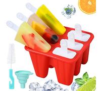 Popsicle Molds,Silicone Ice Pop Molds,BPA Free Popsicle Mold Reusable Easy Release Ice Pop Maker,Homemade Popsicle Mould with Silicone Funnel and Cleaning Brush (Red, 6 Cavities)