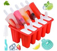 Popsicle Molds,Silicone Ice Pop Molds,BPA Free Popsicle Mold Reusable Easy Release Ice Pop Maker,Homemade Popsicle Mould with Silicone Funnel and Cleaning Brush (Red, 10 Cavities)