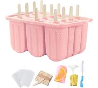 Popsicles Molds Set, 12 Cavity Homemade Maker Ice Pop Mold, Silicone Freezer Molds with 50 Popsicle Sticks 50 Popsicle Bags 50 Ties Funnel Recipes and Brush (Pin k)