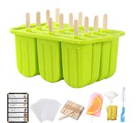Popsicles Molds Set, 12 Cavity Homemade Maker Ice Pop Mold, Silicone Freezer Molds with 50 Popsicle Sticks 50 Popsicle Bags 50 Ties Funnel Recipes and Cleaning Brush