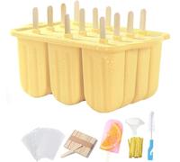 Popsicles Molds Set, 12 Cavity Homemade Maker Ice Pop Mold, Silicone Freezer Molds with 50 Popsicle Sticks 50 Popsicle Bags 50 Ties Funnel Recipes and Brush (Yellow)