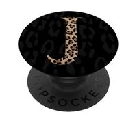 PopSockets Black Leopard Print Cute Initial Letter J Monogram For Women PopSockets PopGrip: Swappable Grip for Phones & Tablets