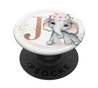 PopSockets Elephant White With Blush Pink Flowers Cute Letter J PopSockets PopGrip: Swappable Grip for Phones & Tablets