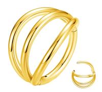 Popuhoops 18G 9mm Gold Triple Hoop Nose Ring 316L Surgical Steel Segment Rings 18 Gauge Seamless Hinged Cartilage Helix Rook Tragus Conch Clicker Ear Earring Piercing Lip Ring