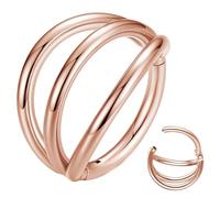 Popuhoops 18G 9mm Rose Gold Triple Hoop Nose Ring 316L Surgical Steel Segment Rings 18 Gauge Seamless Hinged Cartilage Helix Rook Tragus Conch Clicker Ear Earring Piercing Lip Ring