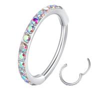 Popuhoops 20g 12mm Rainbow CZ Nose Ring Hoop 316L Surgical Steel Seamless Silver Septum Ring Clicker Cartilage Earring Ear for Women Men Helix Rook Lobe Conch Tragus Daith Hinged Piercing Jewelry