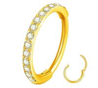 Popuhoops 20g 8mm Clear CZ Nose Ring Hoop 316L Surgical Steel Seamless Gold Septum Ring Clicker Cartilage Earring Ear for Women Men Helix Rook Lobe Conch Tragus Daith Hinged Piercing Jewelry