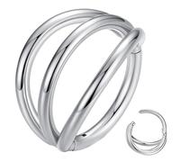 Popuhoops 20G 9mm Silver Triple Hoop Nose Ring 316L Surgical Steel Segment Rings 20 Gauge Seamless Hinged Cartilage Helix Rook Tragus Conch Clicker Ear Earring Piercing Lip Ring