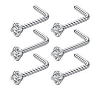 Popuhoops 6pcs 20g 2.0mm Clear CZ 316L Surgical Steel Silver Nose Rings Studs L-Shape Nose Nostrial Piercing Body Jewerly L Shaped Nose Studs for Women 20 gauge 2.0mm Cubic Zirconia Nose Rings