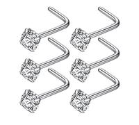 Popuhoops 6pcs 22g 3.0mm Clear CZ 316L Surgical Steel Silver Nose Rings Studs L-Shape Nose Nostrial Piercing Body Jewerly L Shaped Nose Studs for Women 22 gauge 3.0mm Cubic Zirconia Nose Rings