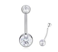 Popuhoops G23 Titanium Belly Button Ring - CZ Round Cubic Zirconia Internally Threaded Navel Piercing Ring - Silver 14G 8mm Barbell Jewelry for Women & Men