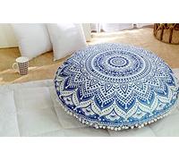 Popular Handicrafts Floor Pillow Cushion Cover - Hippie Mandala Cushion Cover Large Cotton - Pouf Cover Round Bohemian Yoga Decor, 32" Blue