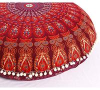 Popular Handicrafts Floor Pillow Cushion Cover - Hippie Mandala Cushion Cover Large with Pom Poms Soft Particles - Pouf Cover Round Bohemian Yoga Decor, 32" Maroon