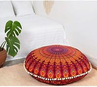 Popular Handicrafts Floor Pillow Cushion Cover - Hippie Mandala Cushion Cover Large with Pom Poms Soft Particles - Pouf Cover Round Bohemian Yoga Decor, 32" Maroon