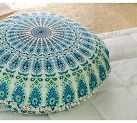 Popular Handicrafts Floor Pillow Cushion Cover - Hippie Mandala Cushion Cover Large with Pom Poms Soft Particles - Pouf Cover Round Bohemian Yoga Decor, 32" White Teal Green