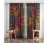 Popular Handicrafts Indian Burning Sun Hippie Mandala Window Curtains - Gypsy Tye Dye Bohemian Sun Moon Beautiful Drapery Bedroom Living Room Balcony Valance Panels Golden