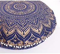 Popular Handicrafts Mandala Round Hippie Floor Pillow Cover | 100% Cotton Luxury, Artisan Room Décor for Your Living Room, Bedroom | Screen Printed Design 32", Blue Gold